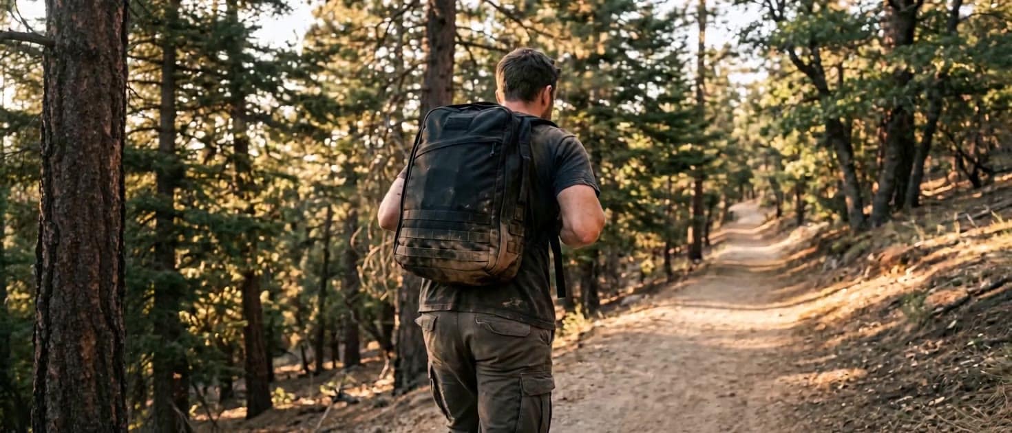 Rucker walking on a forested trail with a weighted pack at golden hour