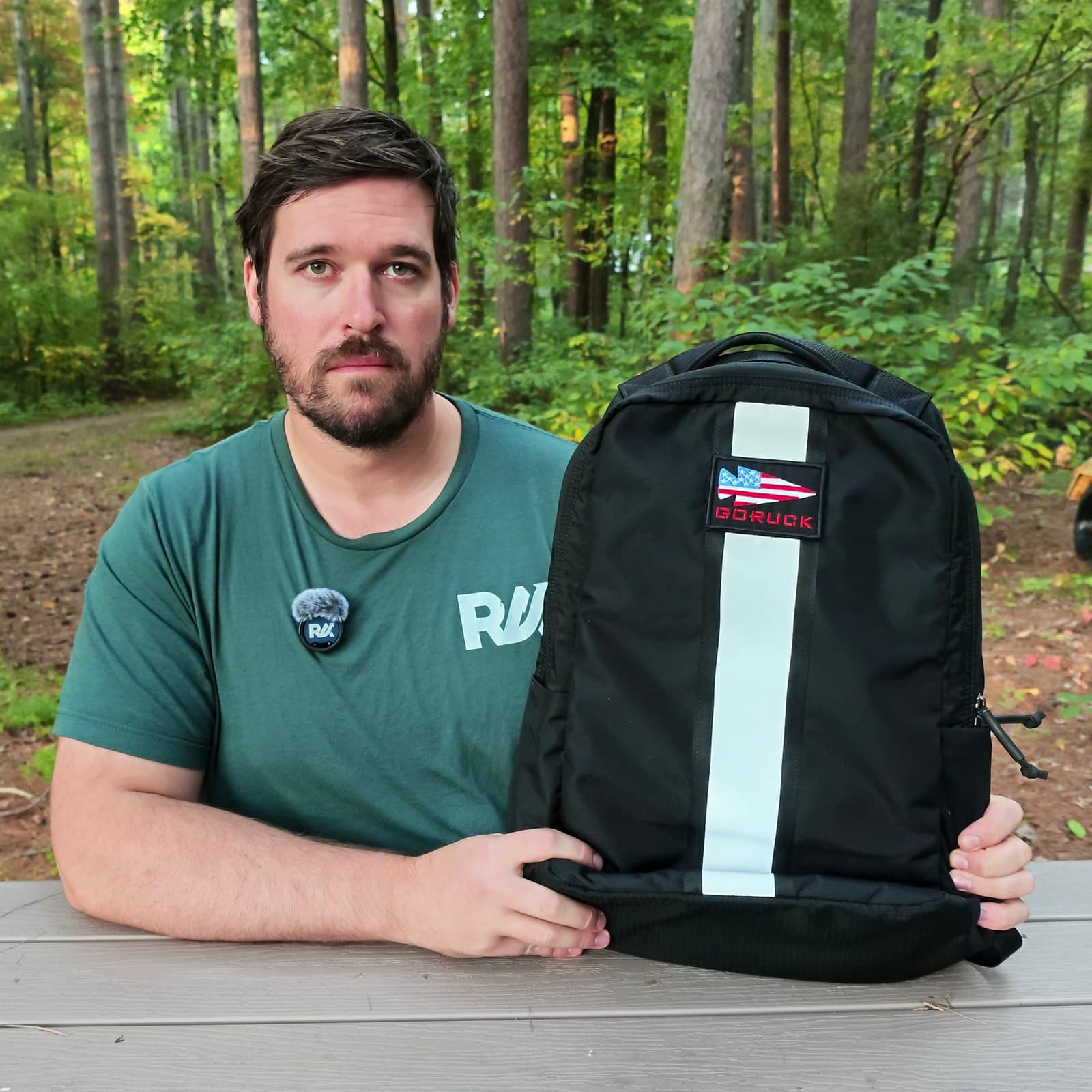 Joel Kelly holding his black GORUCK Basic Rucker
