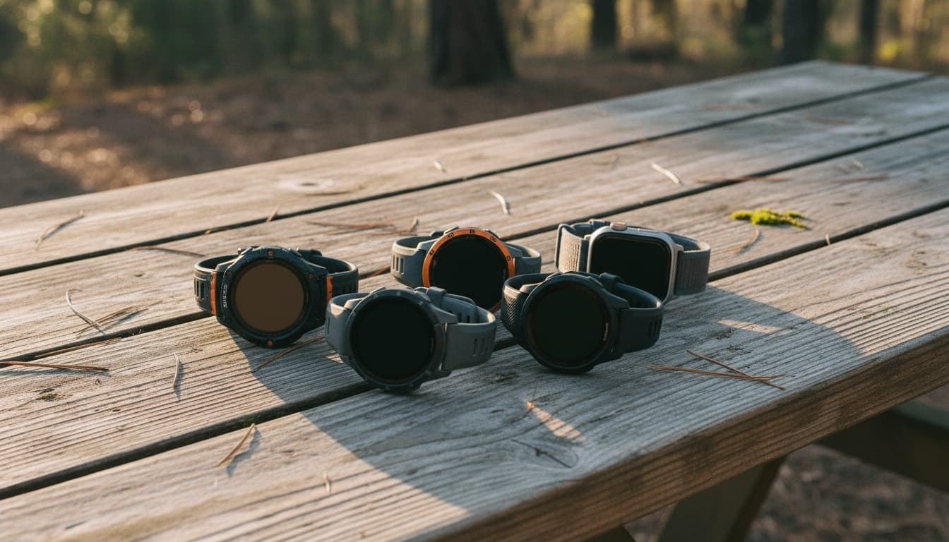 Three GPS watches on a weathered outdoor picnic table