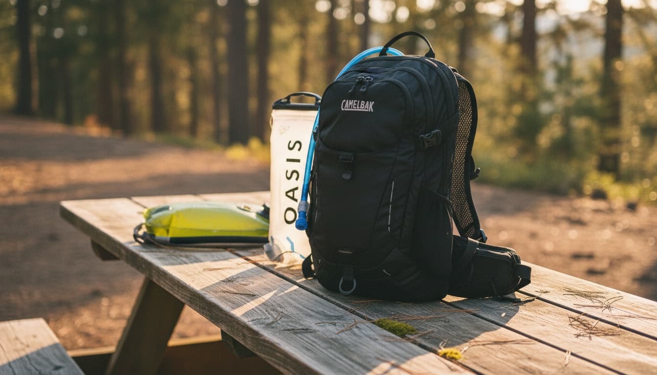 Hydration pack and bladder on a weathered outdoor picnic table