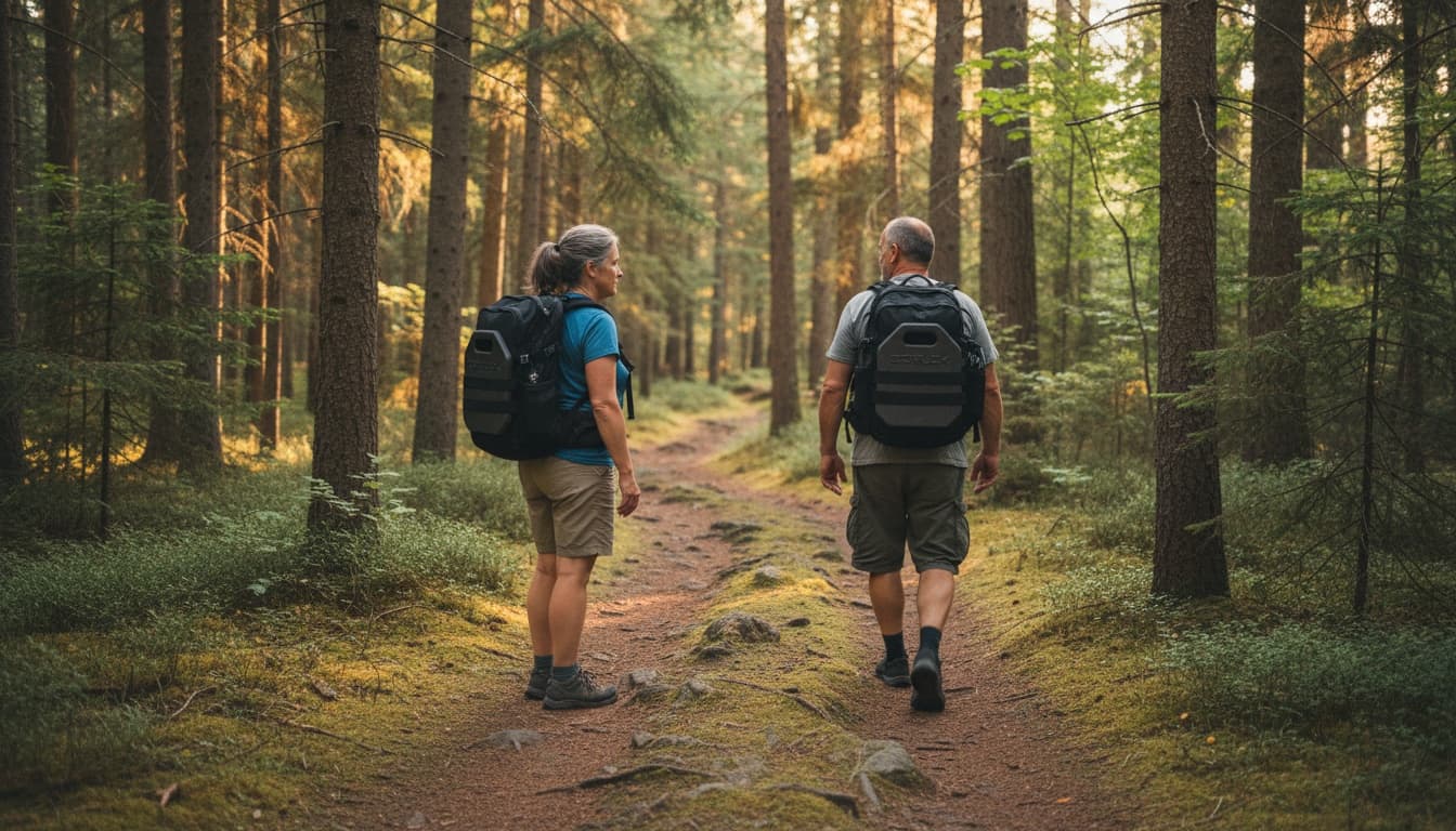 Rucker walking a paved trail at golden hour with a GORUCK pack, plate sitting flat inside the dedicated plate pocket.