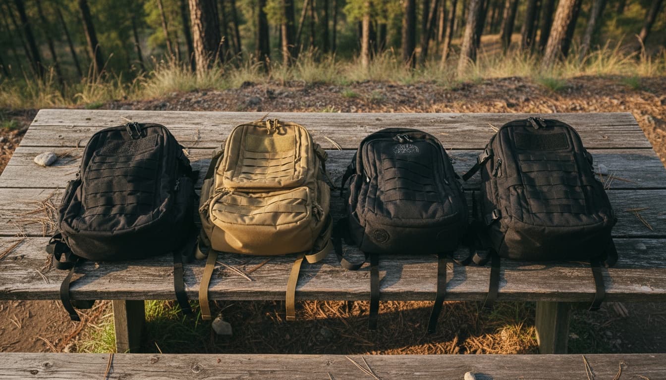 Five rucking backpacks arranged on a weathered picnic table