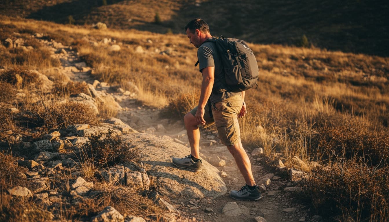 Trail rucker mid-stride on rooted singletrack, wearing low-drop trail runners under a 20-25 L weighted pack.