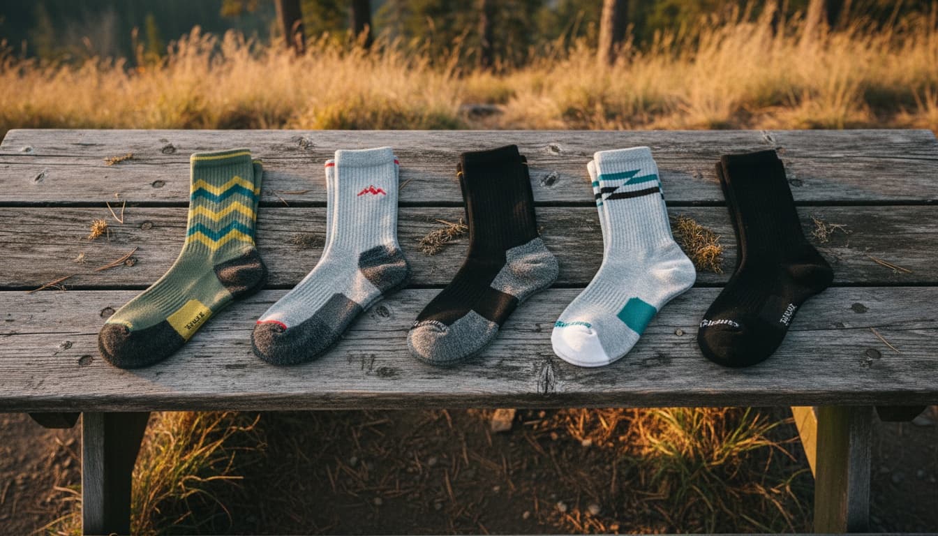 Five merino rucking socks arranged on a weathered picnic table