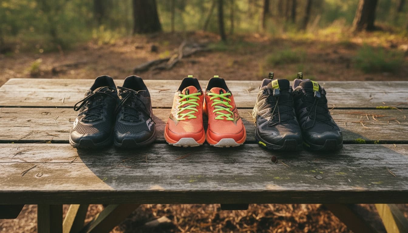 Three rucking shoes on a weathered picnic table