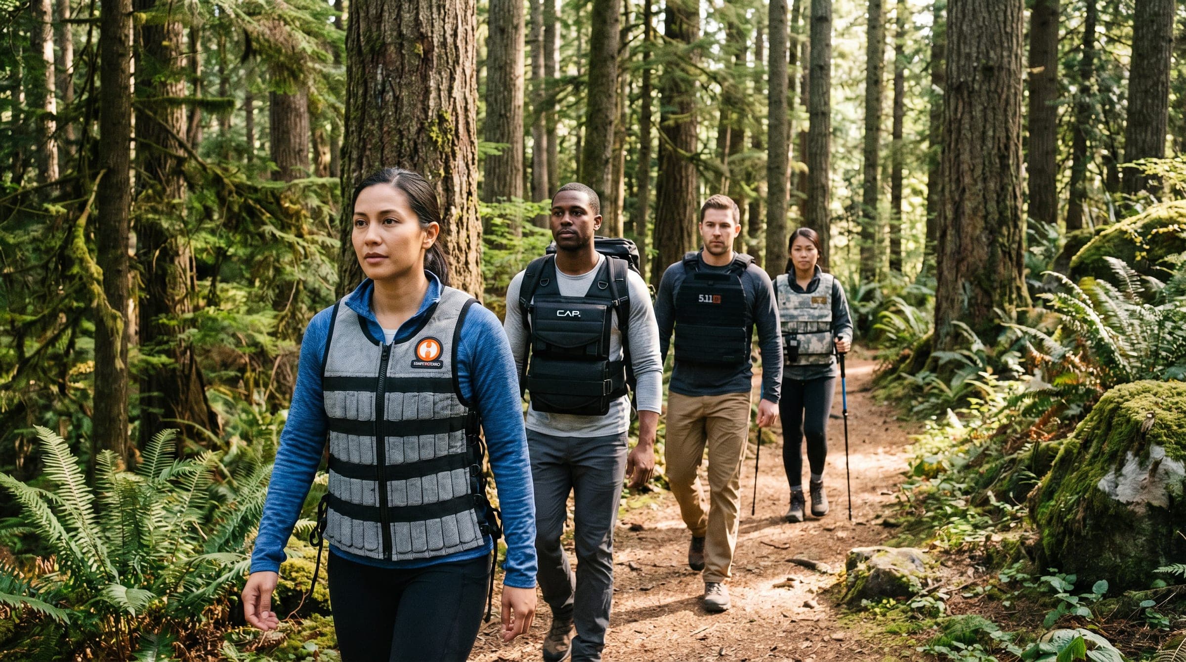 Four ruckers walking a forest trail, each wearing a different vest from this roundup - Hyperwear Hyper Vest PRO, CAP Barbell Adjustable, 5.11 TacTec Plate Carrier, and Cross101 Adjustable.