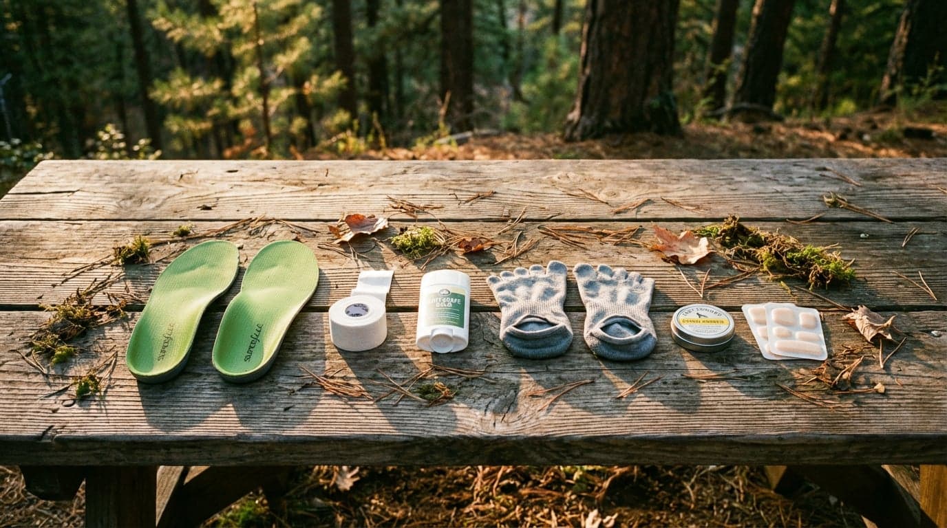 Foot-care kit: insoles, tape, balm, toe socks, powder, and blister patches on a weathered outdoor picnic table