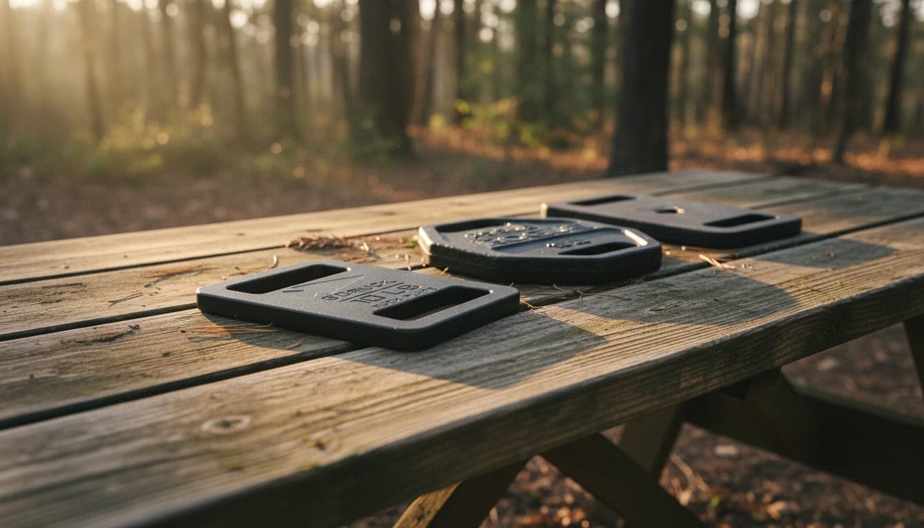 Three ruck plates of different sizes on a weathered outdoor picnic table