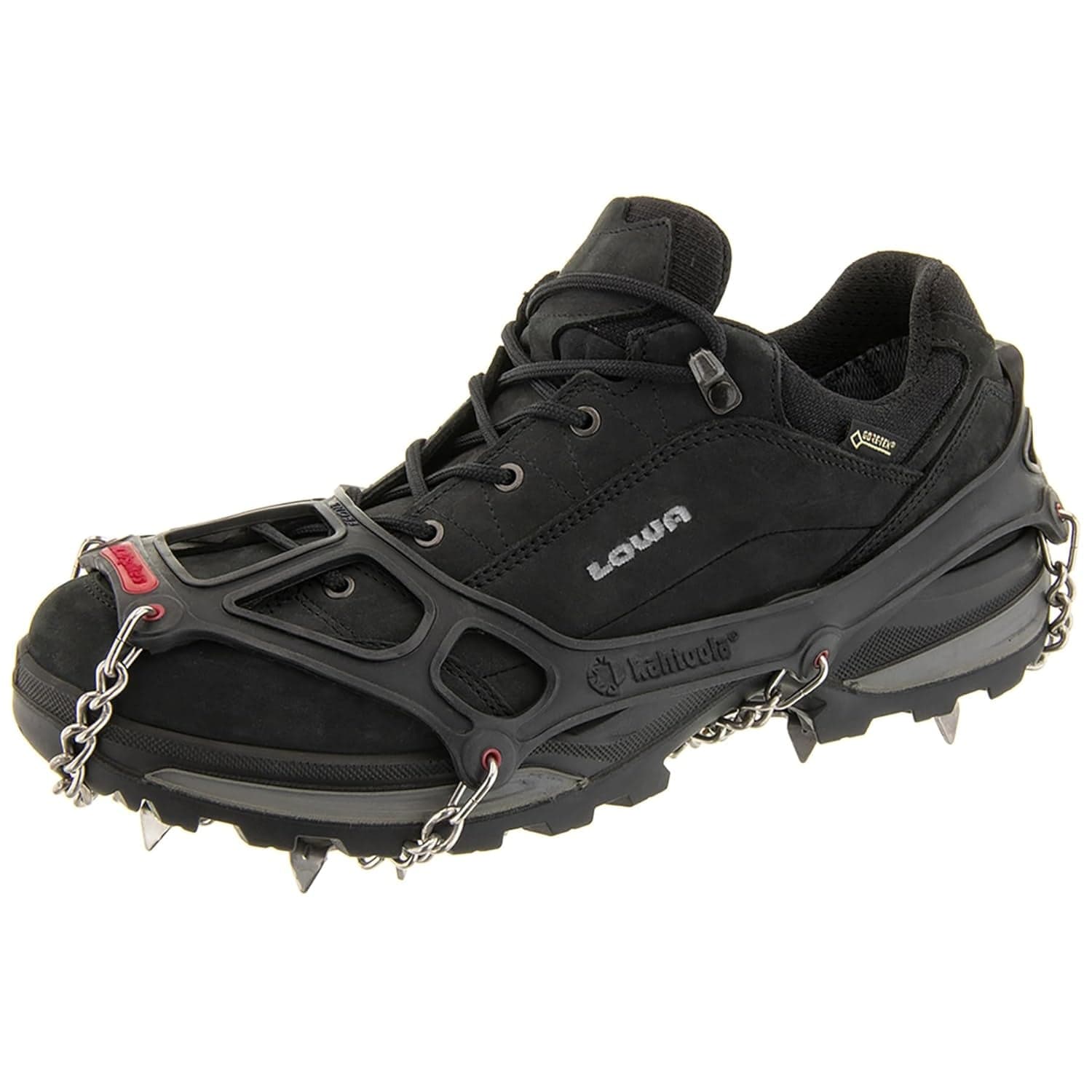 Kahtoola MICROspikes mounted on a LOWA boot, side view