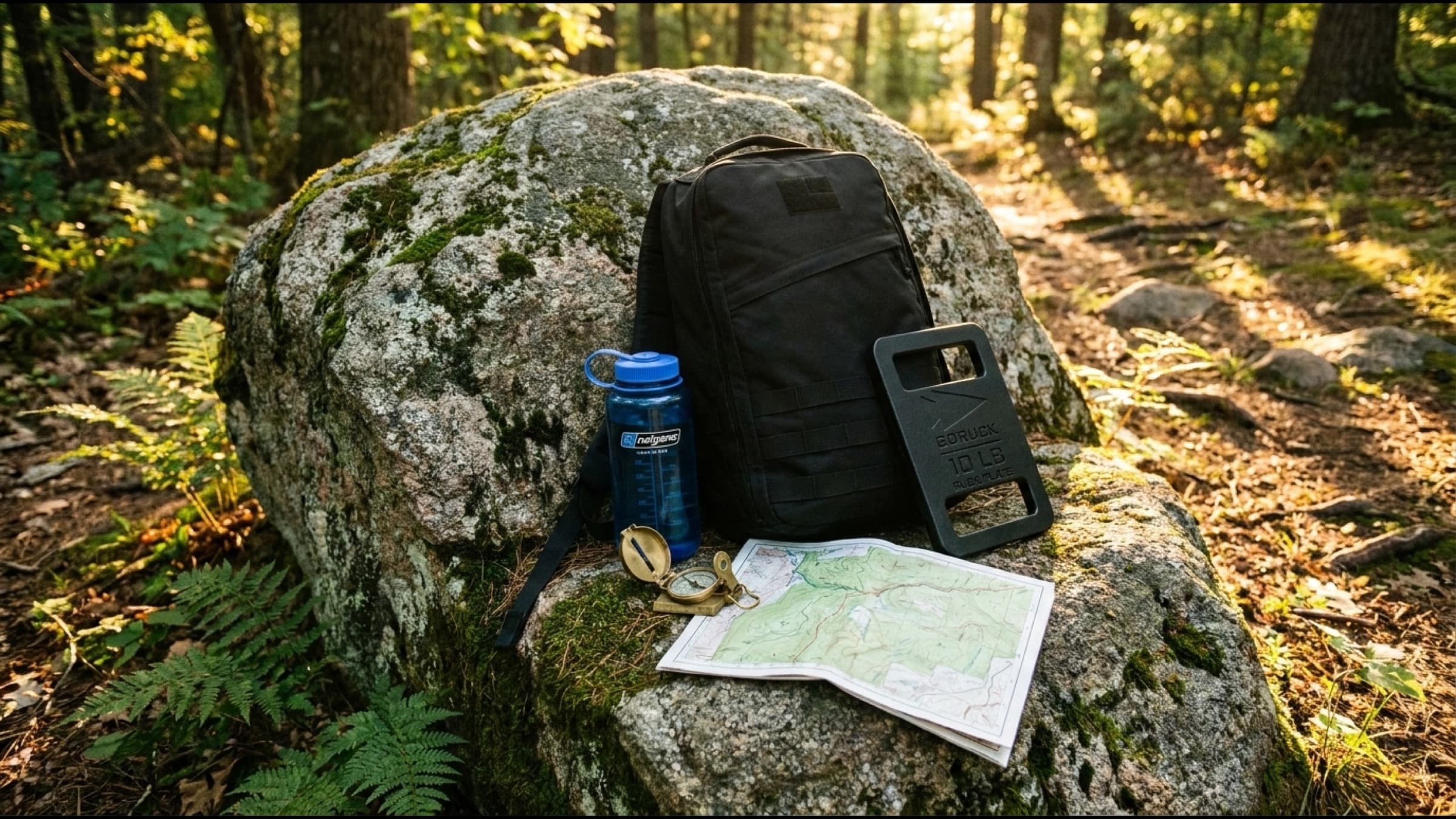 Tactical rucksack and water bottle on a rock on the trail
