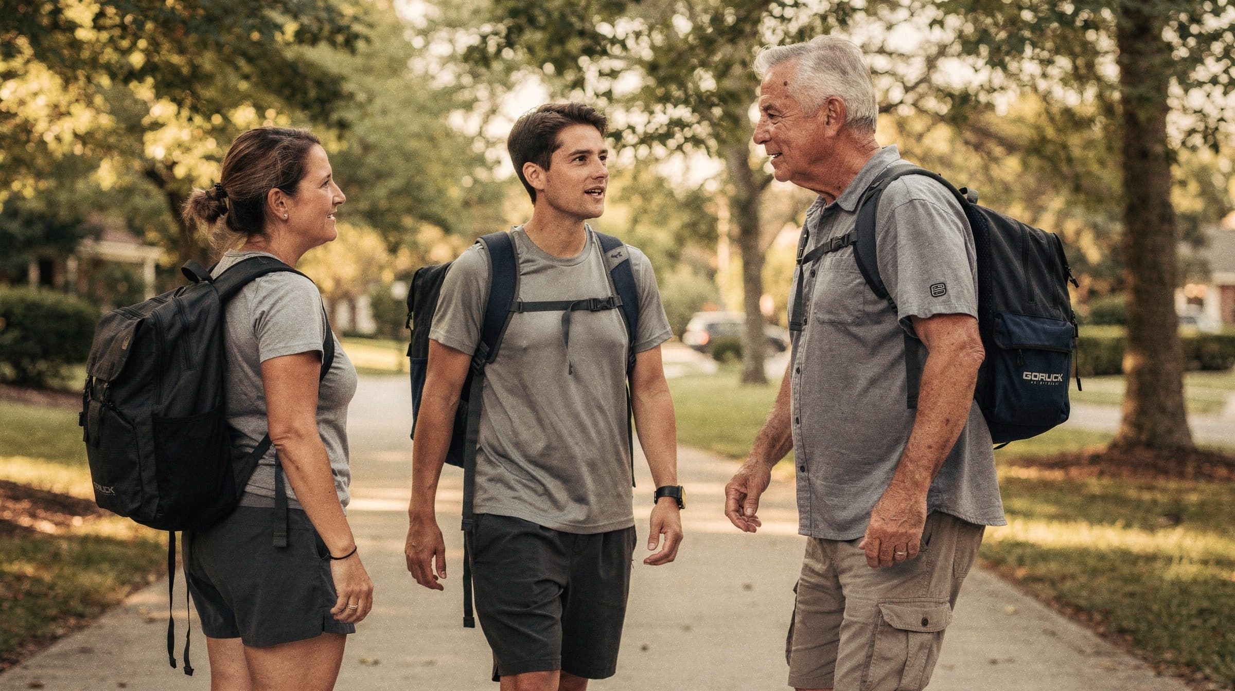 Three ruckers of different ages stop to talk on a tree-lined path, each wearing a loaded rucksack