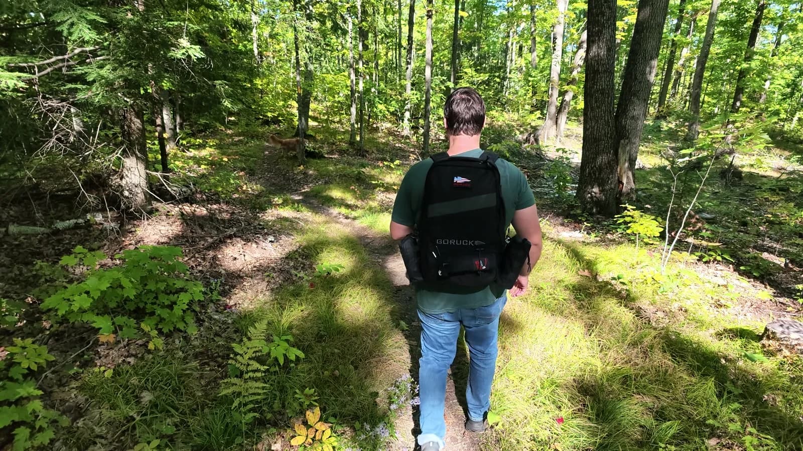 Rear view of the loaded 25L Rucker 5.0 on the wooded Wisconsin trail