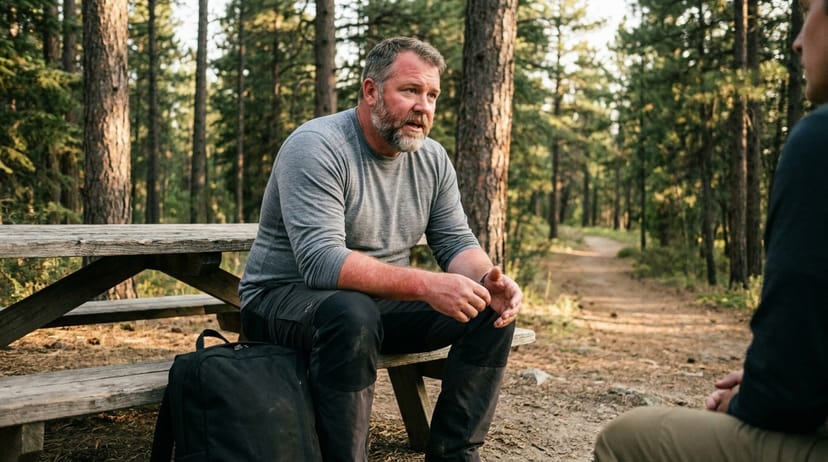 Rucker pulling on a 5.11 base layer at a trailhead