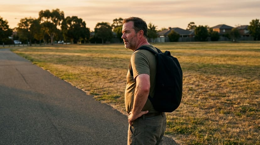 Rucker on a paved trail wearing a base layer under a packable shell with a daypack