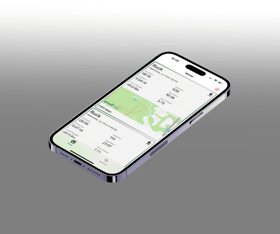 RuckWell iPhone app showing a completed ruck with route, distance, time, pace, elevation, heart rate, and load
