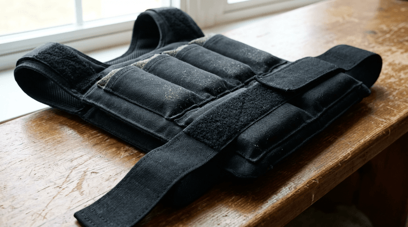 CAP Barbell weighted vest detail on wooden bench