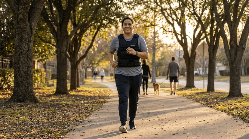 Beginner walking on suburban sidewalk wearing weighted vest