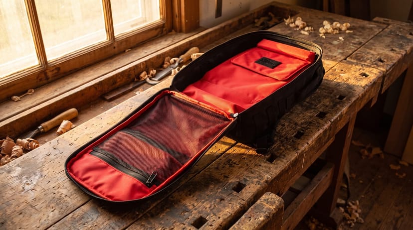 GORUCK Rucker 5.0 opened flat showing the red interior, elevated plate pocket and mesh lid pocket