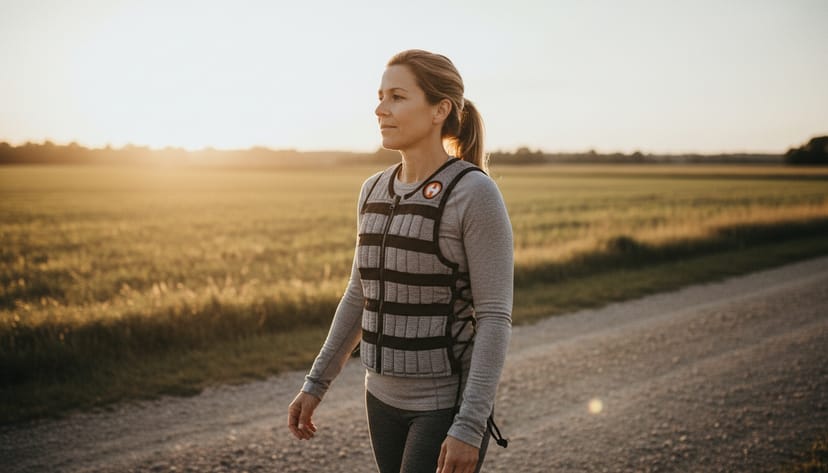 Woman stretching on trail wearing Hyperwear vest at golden hour