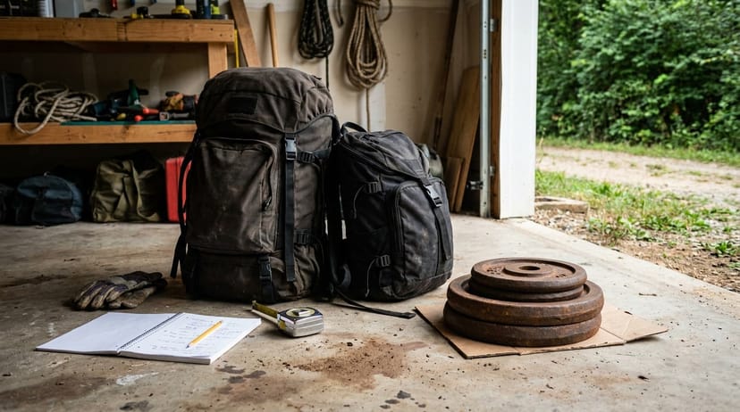 Two rucksacks standing on a garage floor beside a stack of cast-iron weight plates, with a notebook, pencil and tape measure laid out in front - deciding what you actually need before the sale banners go up