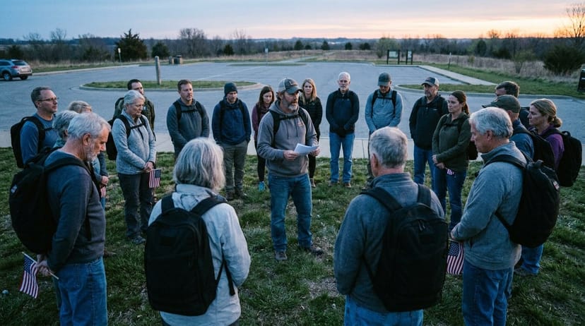 A group of ruckers gathered in a circle at dawn for a pre-ruck briefing, small flags held quietly