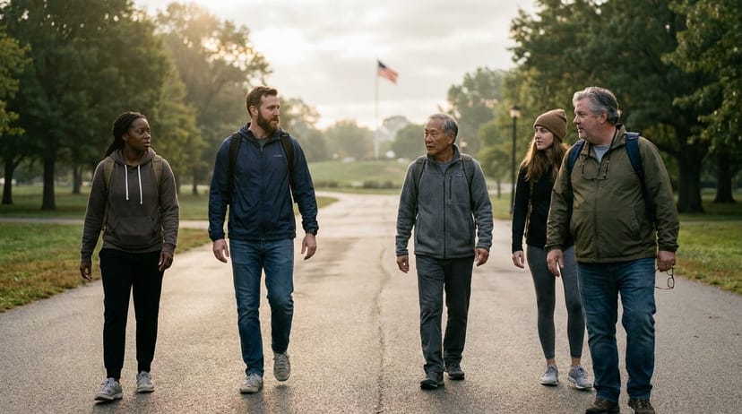A diverse small group of ruckers walking together on a park path at sunrise
