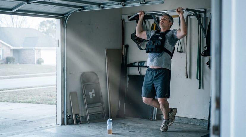 A man in a 20-pound weighted vest doing pull-ups in an open garage gym on Memorial Day morning