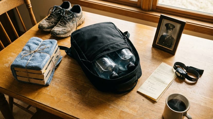 Top-down flat lay of memorial ruck preparation on a kitchen table: pack, books wrapped in towel as DIY weight, headlamp, handwritten notes, coffee, framed military portrait