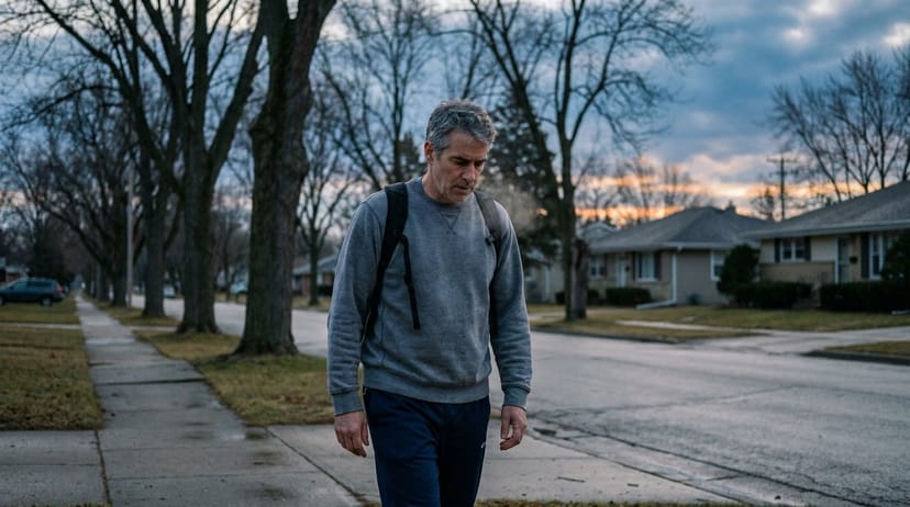 A solitary middle-aged man walking with a small pack at dawn on a quiet suburban sidewalk