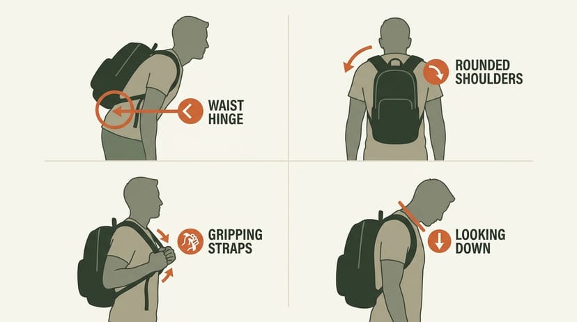 Diagram grid of four common rucking form mistakes - waist hinge, rounded shoulders, gripping the straps, and looking down