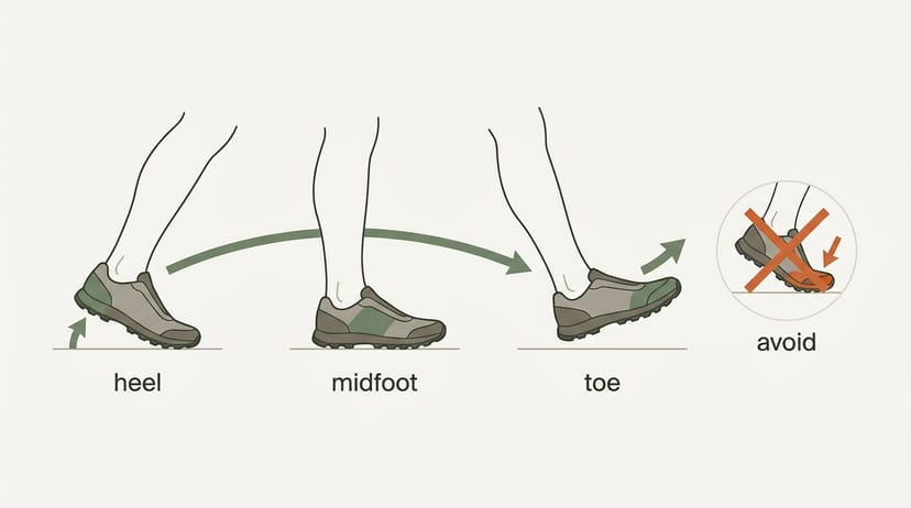 Diagram of the heel-to-toe rucking foot strike in three steps - heel contact, midfoot roll, toe push-off - with a forefoot slam marked as something to avoid