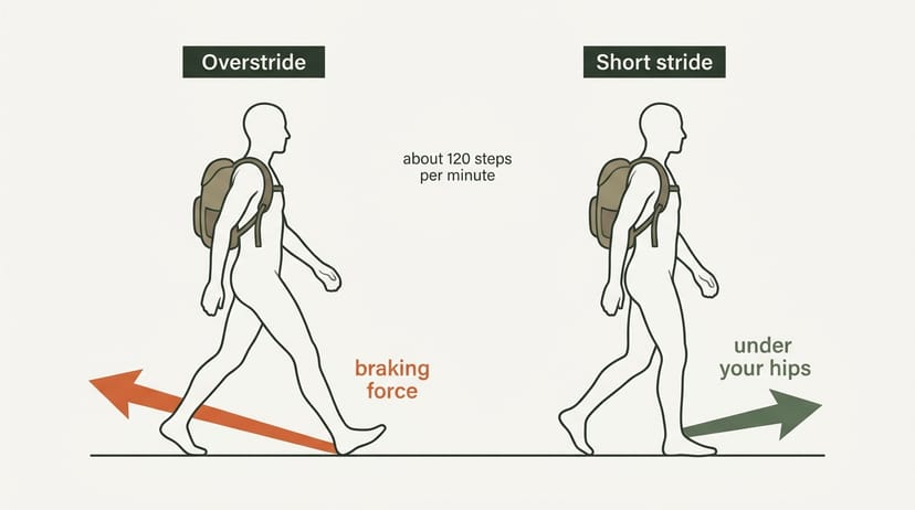 Diagram comparing an overstride that lands the foot ahead of the body and creates braking force against a shorter stride that lands under the hips