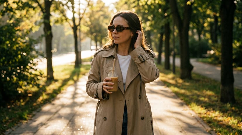 Editorial photo of a woman walking a tree-lined sidewalk at golden hour holding an iced coffee bottle, capturing the morning-walk-and-coffee routine the launch is designed around