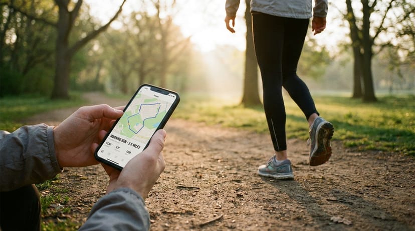 Hands holding a phone running a fitness tracking app on a park trail, the running companion in soft motion behind