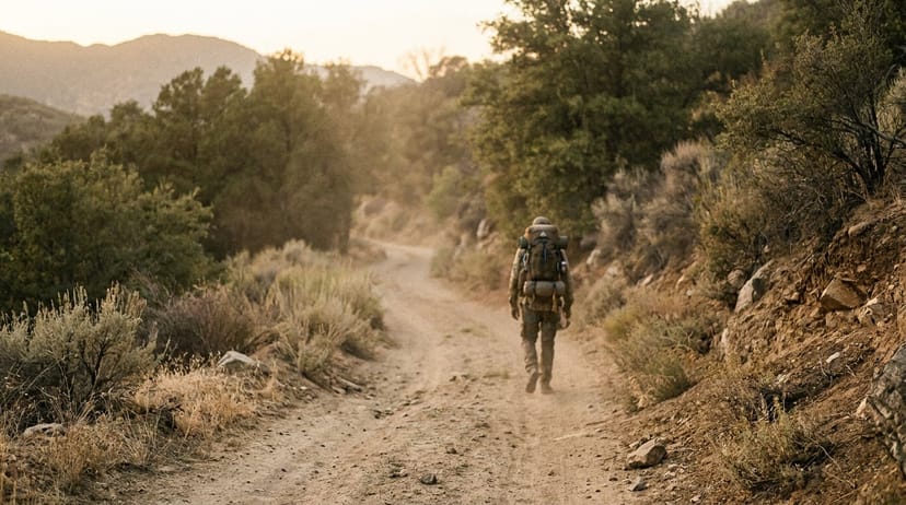A lone rucker walking away from camera up a dusty fire road at golden hour, sagebrush hills either side and ridgelines behind - the long slow ruck that carries a training block