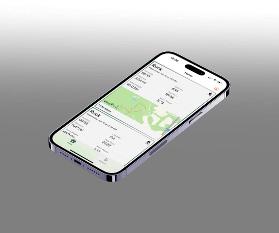 RuckWell iPhone app showing a completed ruck with route, distance, time, pace, elevation, heart rate, and load