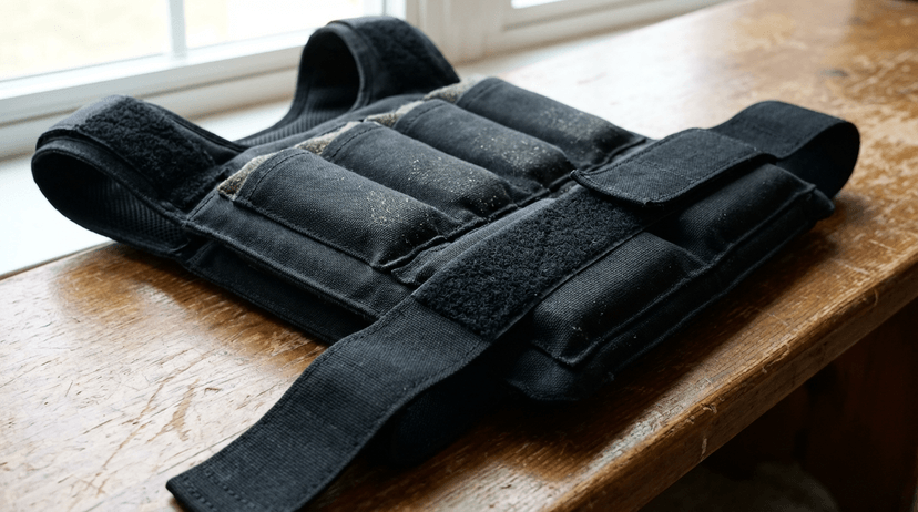 CAP Barbell weighted vest detail on wooden bench