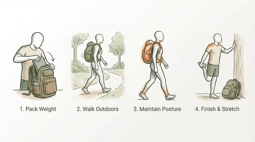 Four-step illustration of a first ruck: 1. Pack Weight, 2. Walk Outdoors, 3. Maintain Posture, 4. Finish and Stretch