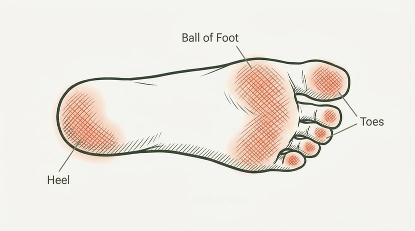 Diagram of foot sole showing common blister hot spots at the heel, ball of foot, and toes