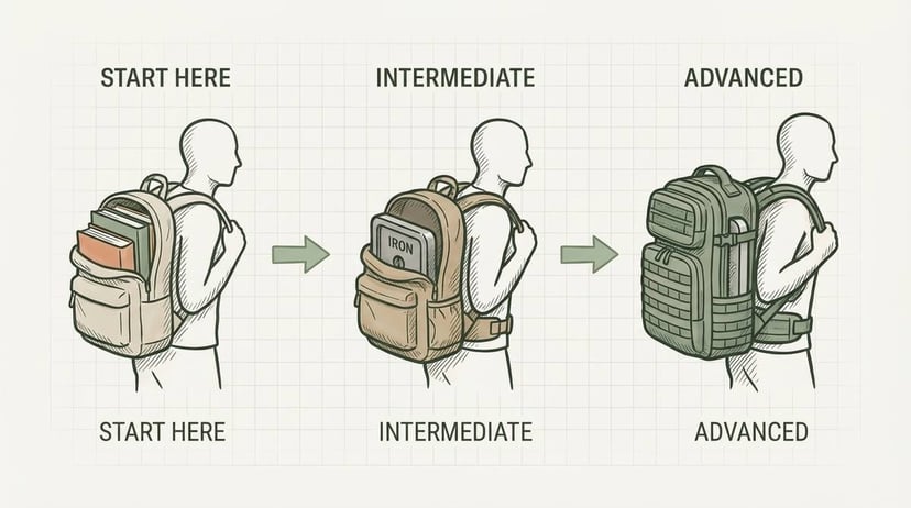 Three-stage gear progression: Start Here with books in a backpack, Intermediate with an iron ruck plate, Advanced with a full tactical rucksack
