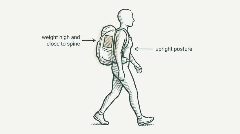 Diagram showing correct pack positioning: weight high and close to spine with upright posture