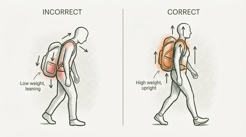 Side-by-side comparison: Incorrect rucking posture with low weight and forward lean vs correct posture with weight high on back and upright stance