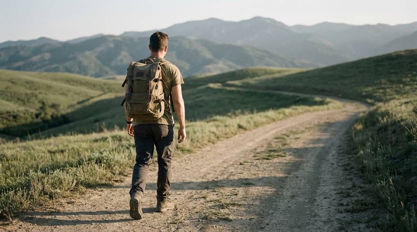 Man rucking on a dirt trail through rolling green hills with mountain views