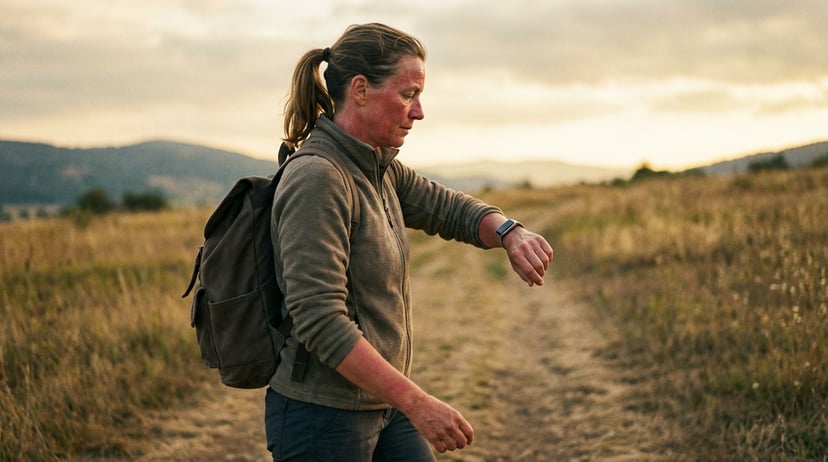 Person rucking on a trail with fitness tracker