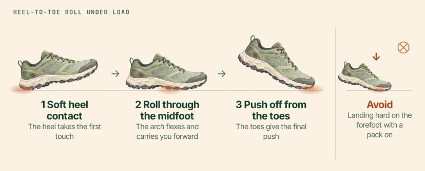 Illustration of one trail shoe in three positions: soft heel contact, rolling through the midfoot and pushing off from the toes, with a separate example marked to avoid of the shoe landing hard on the forefoot