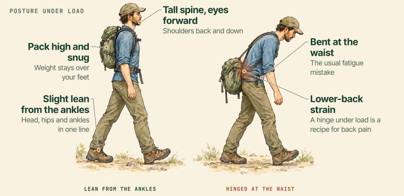 Illustration of the same rucker twice: on the left, tall with eyes forward, the pack high and snug and a slight lean from the ankles; on the right, bent at the waist with the pack sagging, which strains the lower back