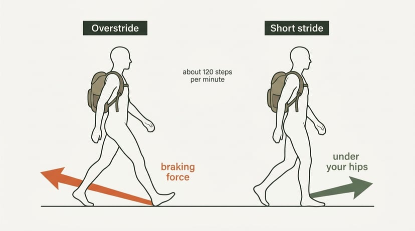 Diagram comparing an overstride that lands the foot ahead of the body and creates braking force against a shorter stride that lands under the hips