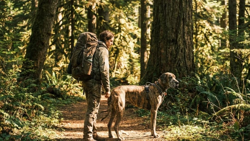 Great Dane rucking with owner on a forest trail