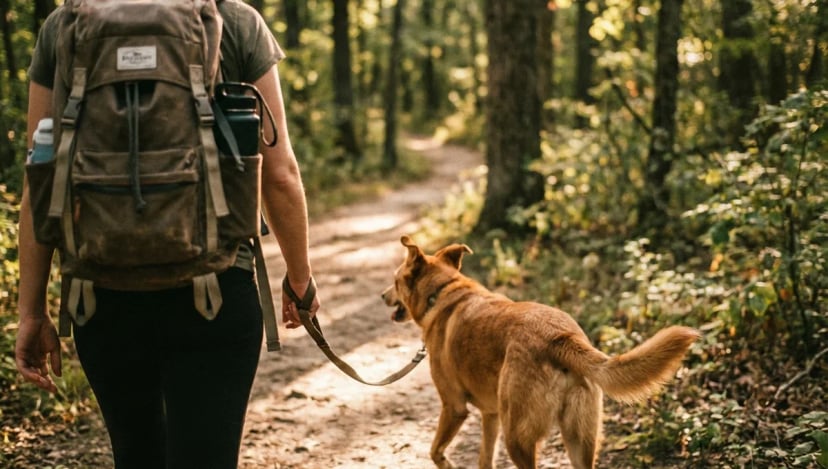 Large dog on a forest trail ruck