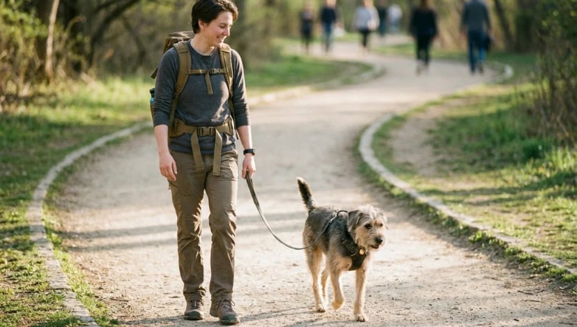 Medium-sized dog keeping pace on a paved trail ruck